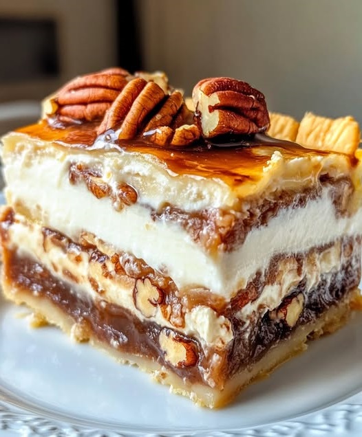 Layers of creamy filling, chopped pecans, and caramelized pecan pie topping stacked in a lasagna-style dessert.