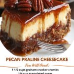 Pecan praline cheesecake with a smooth cream cheese layer, topped with a sticky pecan praline topping and drizzled with caramel sauce.