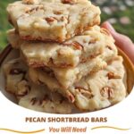 Pecan shortbread bars with a golden, buttery crust, topped with crunchy pecan pieces and a light dusting of powdered sugar.