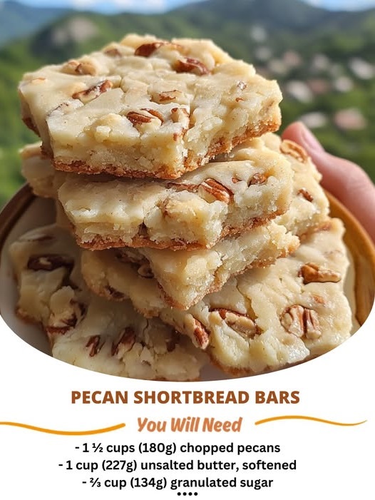 Pecan shortbread bars with a golden, buttery crust, topped with crunchy pecan pieces and a light dusting of powdered sugar.