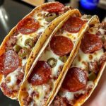Close-up of pepperoni pizza tacos, with golden crispy taco shells filled with melted cheese, marinara sauce, and slices of pepperoni, garnished with fresh basil.