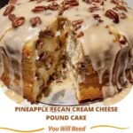 slice of pineapple pecan cream cheese pound cake on a white plate, showcasing a moist, golden crumb with visible pecan pieces and a hint of pineapple.