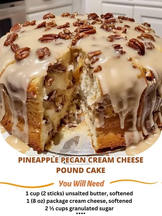 slice of pineapple pecan cream cheese pound cake on a white plate, showcasing a moist, golden crumb with visible pecan pieces and a hint of pineapple.
