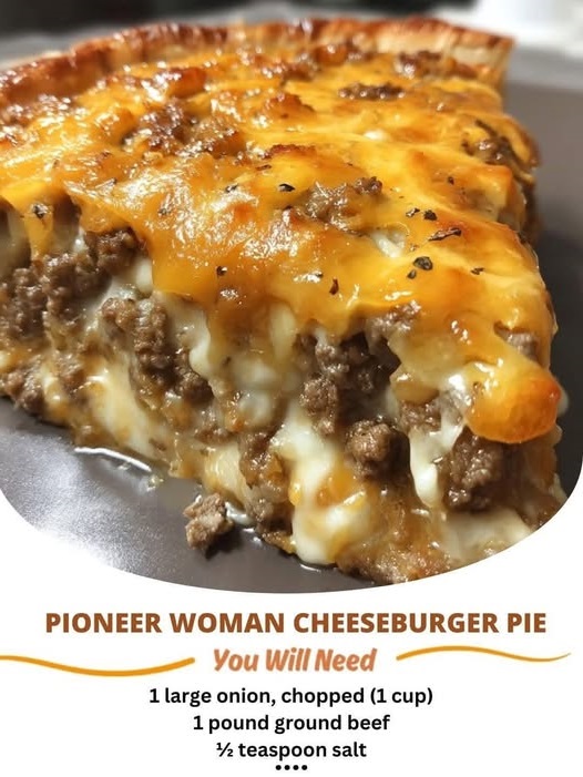 A slice of Pioneer Woman Cheeseburger Pie with a golden, flaky crust, filled with seasoned ground beef, melted cheese, and topped with lettuce and tomato.