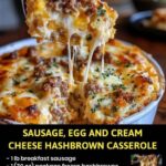 Sausage, egg, and cream cheese hashbrown casserole topped with melted cheese, served hot in a baking dish.