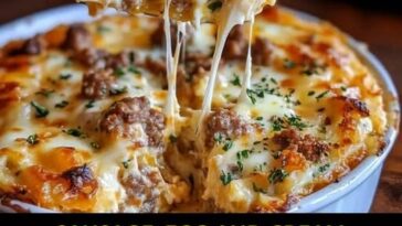 Sausage, egg, and cream cheese hashbrown casserole topped with melted cheese, served hot in a baking dish.