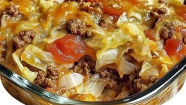 hearty savory cabbage beef bake, with layers of ground beef, tender cabbage, and melted cheese, all baked to golden perfection.