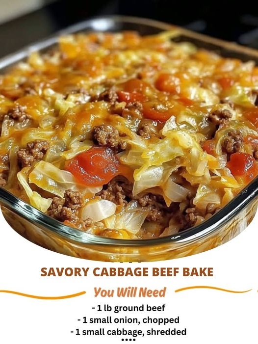 hearty savory cabbage beef bake, with layers of ground beef, tender cabbage, and melted cheese, all baked to golden perfection.