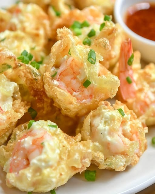 Crispy golden wontons filled with shrimp and cream cheese, arranged on a plate with a dipping sauce on the side.