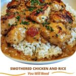 Smothered chicken breast served over a bed of seasoned rice, topped with creamy gravy and garnished with chopped herbs.