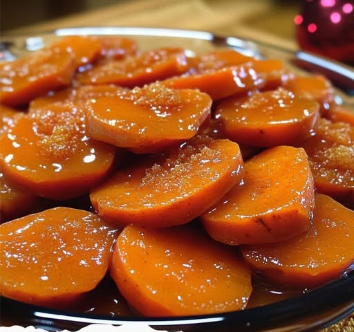 Southern candied sweet potatoes glazed with a rich syrup of butter, brown sugar, and spices, served in a dish with a caramelized finish.