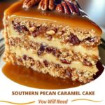 Southern Pecan Caramel Cake with a rich caramel glaze and topped with crunchy pecans.