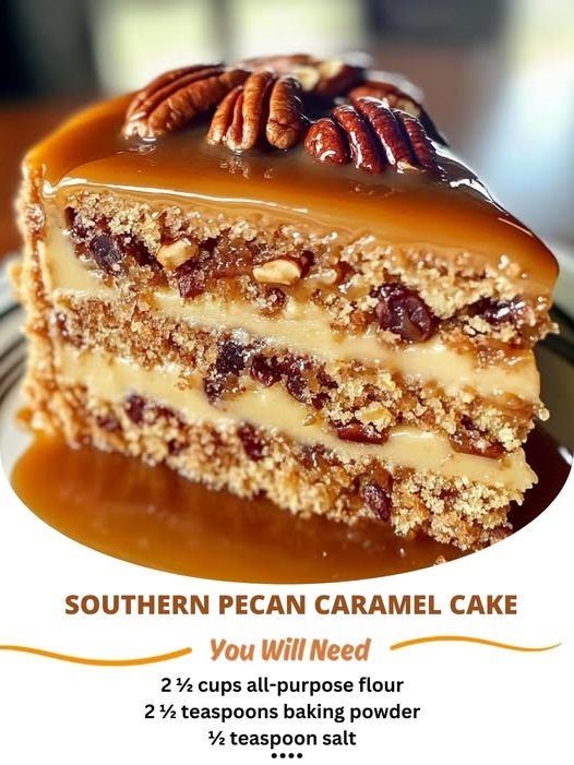 Southern Pecan Caramel Cake with a rich caramel glaze and topped with crunchy pecans.