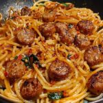 Skillet filled with sticky honey garlic sausage pasta, garnished with herbs and glistening in a rich, savory glaze.