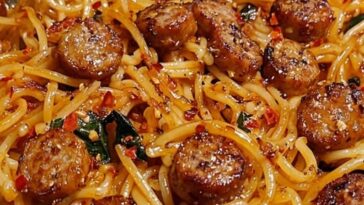 Skillet filled with sticky honey garlic sausage pasta, garnished with herbs and glistening in a rich, savory glaze.