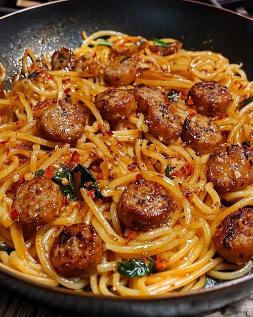 Skillet filled with sticky honey garlic sausage pasta, garnished with herbs and glistening in a rich, savory glaze.