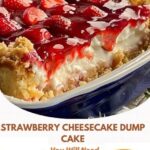 Strawberry cheesecake dump cake with a golden crumb topping, swirls of cream cheese, and juicy strawberry filling.
