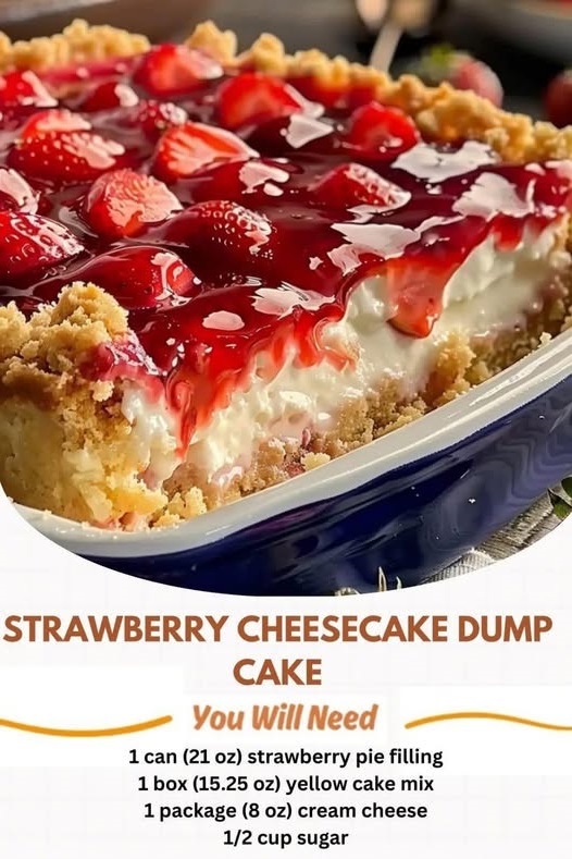 Strawberry cheesecake dump cake with a golden crumb topping, swirls of cream cheese, and juicy strawberry filling.