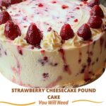 Sliced strawberry cheesecake pound cake topped with fresh strawberries and a drizzle of glaze.