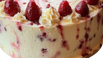 Sliced strawberry cheesecake pound cake topped with fresh strawberries and a drizzle of glaze.