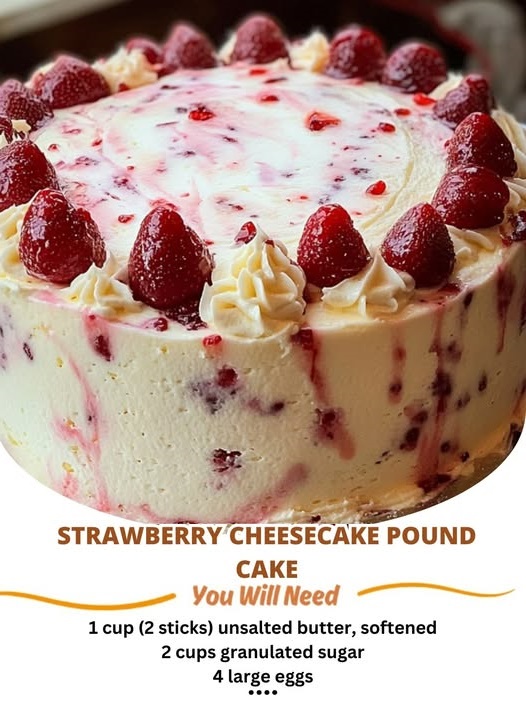 Sliced strawberry cheesecake pound cake topped with fresh strawberries and a drizzle of glaze.