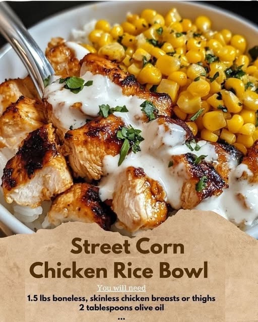 vibrant bowl of street corn chicken rice, featuring grilled chicken, seasoned rice, corn, and colorful toppings, creating a delicious and savory meal.