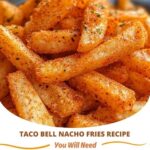 plate of Taco Bell Nacho Fries, golden and crispy, served with a side of warm nacho cheese dipping sauce.