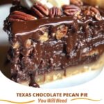 slice of Texas chocolate pecan pie with a glossy, rich filling of chocolate and pecans in a flaky, golden pie crust.