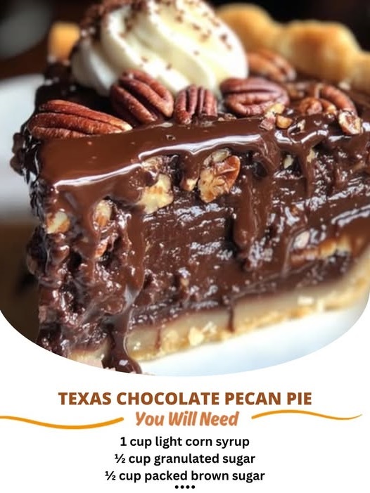 slice of Texas chocolate pecan pie with a glossy, rich filling of chocolate and pecans in a flaky, golden pie crust.
