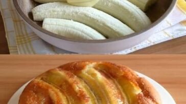 moist upside-down banana cake with caramelized banana slices on top, drizzled with a golden syrup glaze.