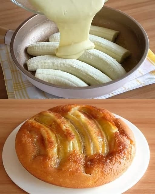 moist upside-down banana cake with caramelized banana slices on top, drizzled with a golden syrup glaze.