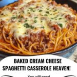 A slice of baked cream cheese spaghetti casserole on a plate, with layers of creamy pasta, meat sauce, and melted cheese.