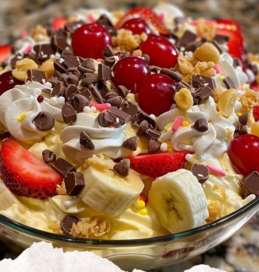 "A bowl of banana split fluff salad, with slices of banana, whipped cream, maraschino cherries, and colorful sprinkles, served with a spoon."