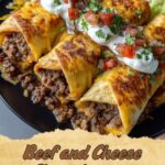 Two crispy, golden-brown beef and cheese chimichangas sliced open to reveal a savory filling of seasoned ground beef and melted cheese, served with sour cream and salsa.