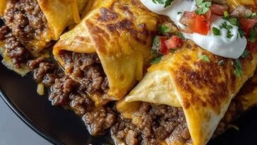 Two crispy, golden-brown beef and cheese chimichangas sliced open to reveal a savory filling of seasoned ground beef and melted cheese, served with sour cream and salsa.