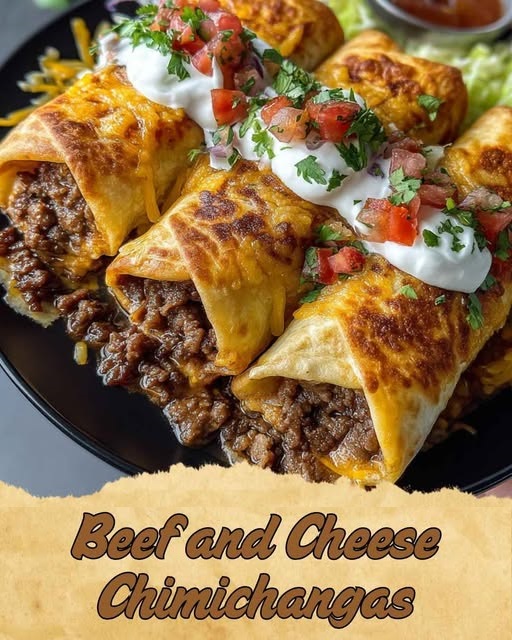 Two crispy, golden-brown beef and cheese chimichangas sliced open to reveal a savory filling of seasoned ground beef and melted cheese, served with sour cream and salsa.