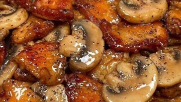Stir-fried black pepper chicken with sliced mushrooms and bell peppers in a glossy savory sauce, served over white rice.