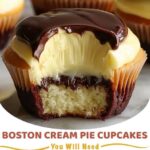 Cupcakes filled with creamy vanilla custard, topped with a glossy layer of rich chocolate ganache, and arranged on a serving platter.