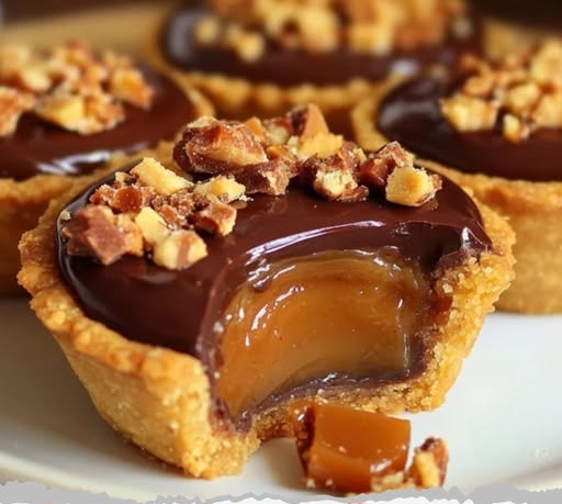 Mini caramel pies topped with crumbled Butterfinger candy on a graham cracker crust, arranged on a white serving tray.