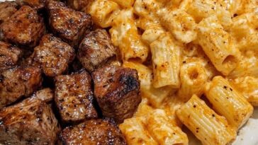 Cajun-seasoned steak tips served over cheesy rigatoni in a creamy Parmesan sauce, garnished with herbs.