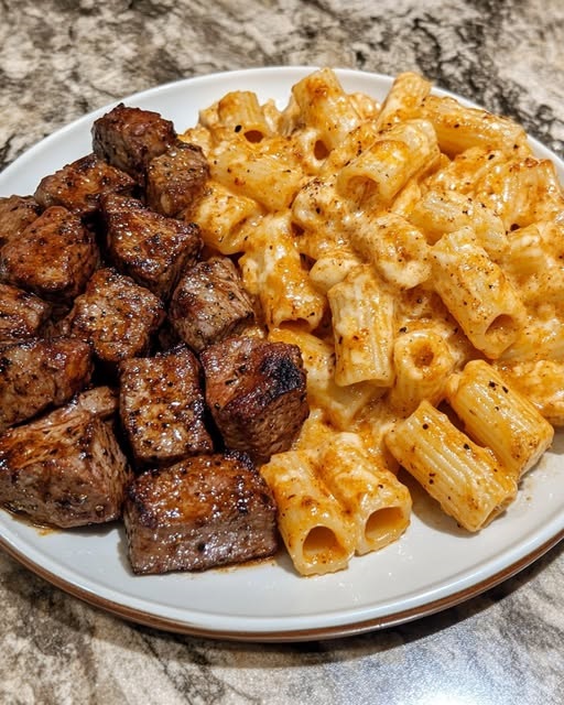 Cajun-seasoned steak tips served over cheesy rigatoni in a creamy Parmesan sauce, garnished with herbs.