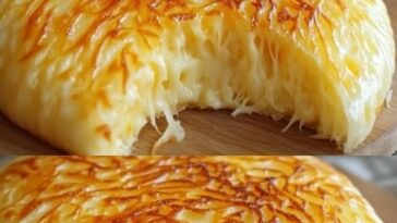 Golden, pan-cooked cheese bread topped with melted cheese and herbs, sliced into wedges and served on a wooden board.