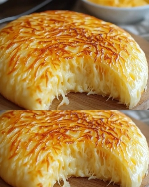 Golden, pan-cooked cheese bread topped with melted cheese and herbs, sliced into wedges and served on a wooden board.