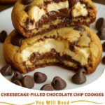 Thick chocolate chip cookies broken open to reveal a creamy cheesecake filling in the center.