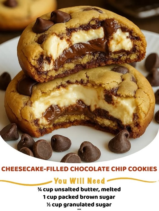 Thick chocolate chip cookies broken open to reveal a creamy cheesecake filling in the center.