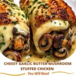 Golden-brown chicken breasts stuffed with melted cheese, garlic butter, and sautéed mushrooms, served on a rustic plate.