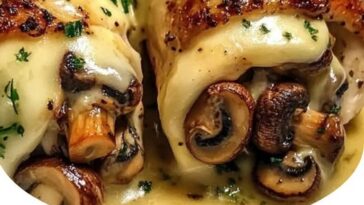 Golden-brown chicken breasts stuffed with melted cheese, garlic butter, and sautéed mushrooms, served on a rustic plate.