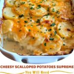 Golden-baked scalloped potatoes layered with cheese and cream in a casserole dish, garnished with fresh herbs.