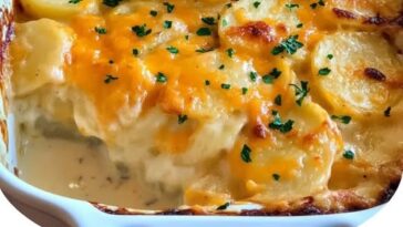 Golden-baked scalloped potatoes layered with cheese and cream in a casserole dish, garnished with fresh herbs.