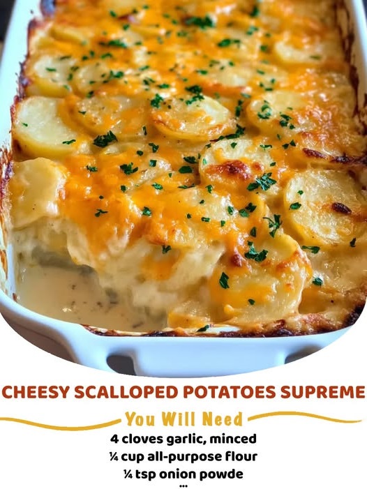 Golden-baked scalloped potatoes layered with cheese and cream in a casserole dish, garnished with fresh herbs.